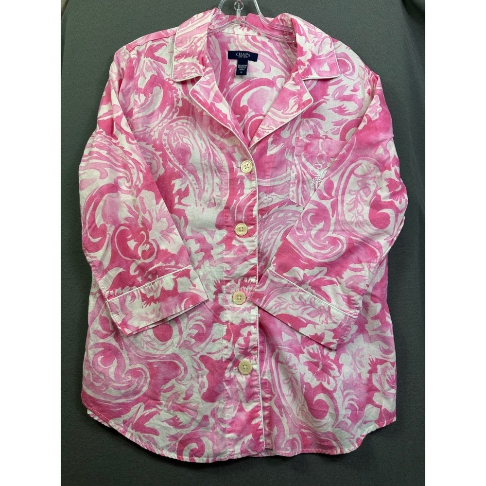 Chaps Pink‎ Paisley Floral Cotton Button Up Pajama Top Women's Large 3/4 Sleeve